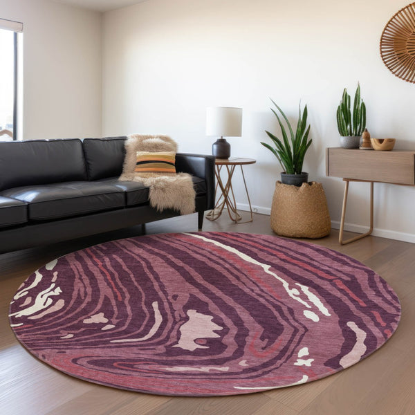 HomeRoots 8' Burgundy Ivory Blush Abstract Washable Round Rug - UV Protected, Stain Resistant, Easy Care! 682412