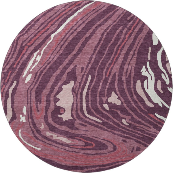 HomeRoots 8' Burgundy Ivory Blush Abstract Washable Round Rug - UV Protected, Stain Resistant, Easy Care! 682412