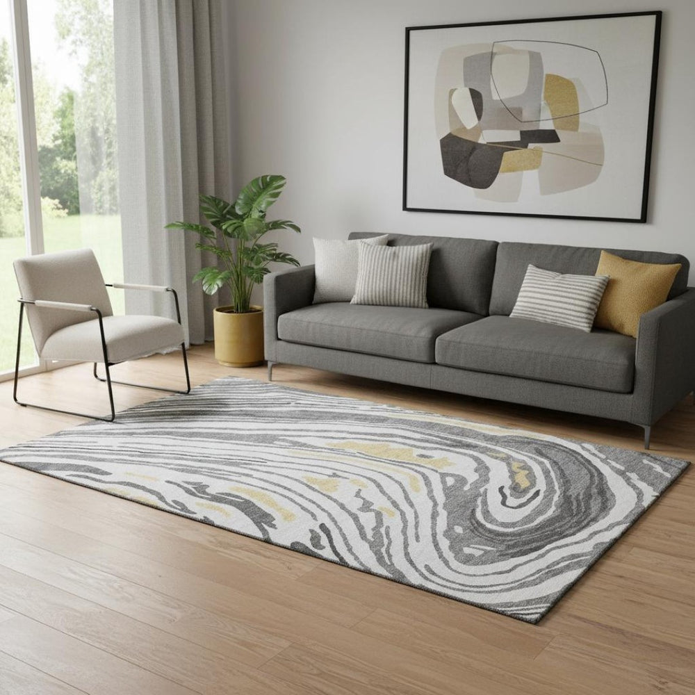 HomeRoots 5' X 8' Gray Gold Ivory Abstract Area Rug - Washable, UV Protected, Durable, Modern Elegance for Any Room 682417