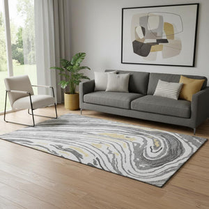 HomeRoots 5' X 8' Gray Gold Ivory Abstract Area Rug - Washable, UV Protected, Durable, Modern Elegance for Any Room 682417