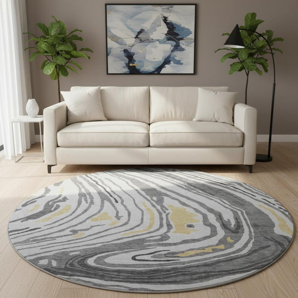 HomeRoots 8' Gray Gold Ivory Abstract Round Rug – Washable, UV-Protected, Durable for Homes with Kids & Pets 682418
