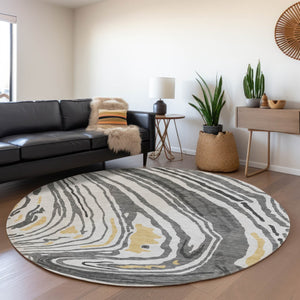 HomeRoots 8' Gray Gold Ivory Abstract Round Rug – Washable, UV-Protected, Durable for Homes with Kids & Pets 682418