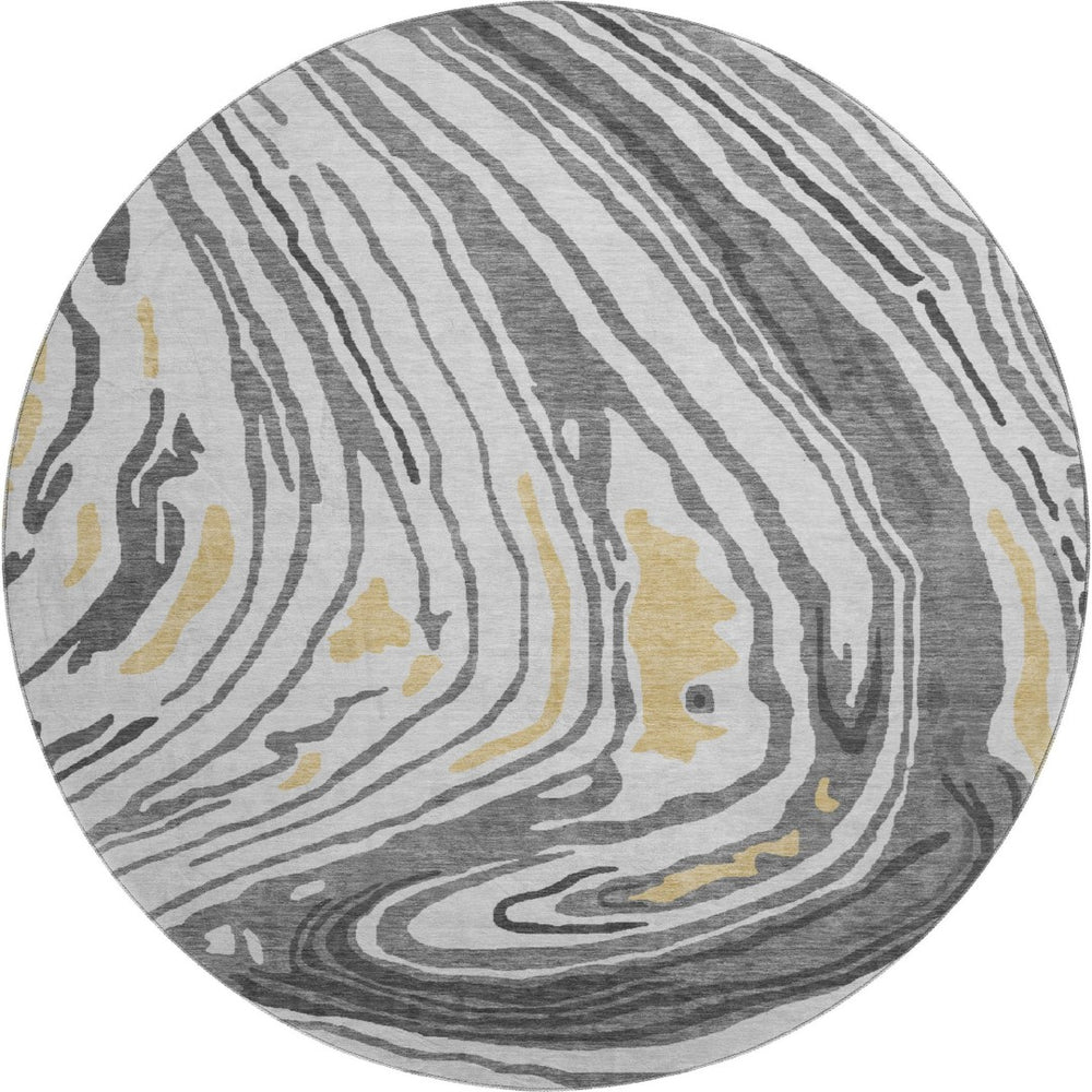 HomeRoots 8' Gray Gold Ivory Abstract Round Rug – Washable, UV-Protected, Durable for Homes with Kids & Pets 682418