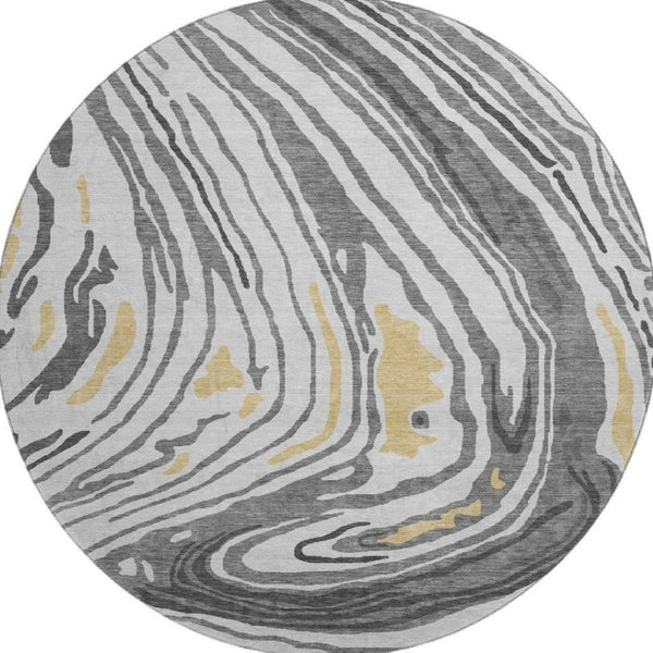 HomeRoots 8' Gray Gold Ivory Abstract Round Rug – Washable, UV-Protected, Durable for Homes with Kids & Pets 682418
