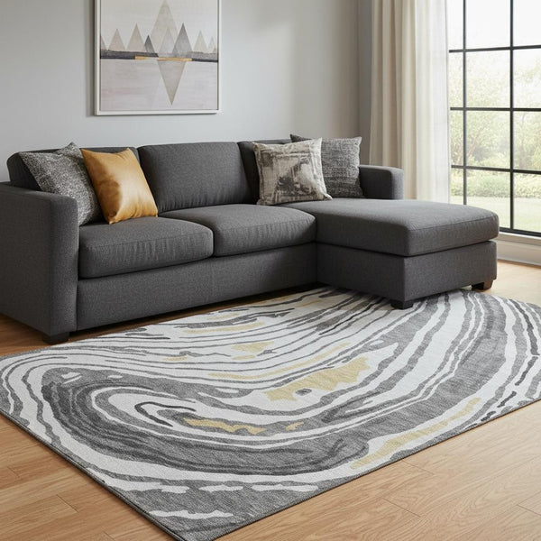 HomeRoots 8' X 10' Abstract Gray Gold Ivory Area Rug - Washable, Stain-Resistant, UV Protected for Modern Homes 682419