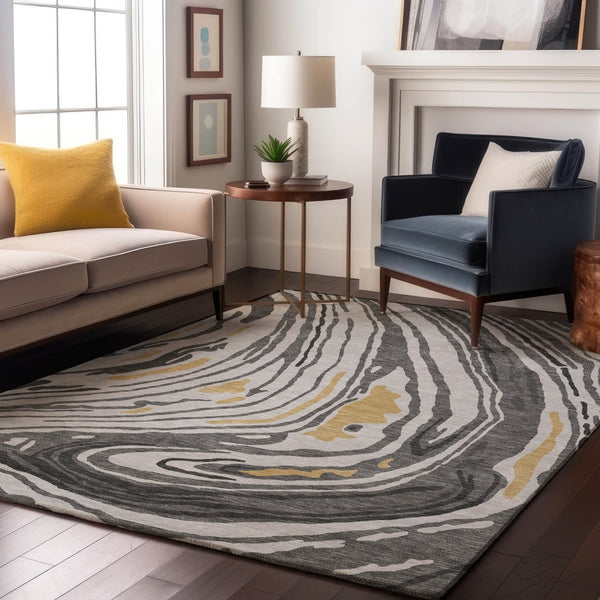 HomeRoots 8' X 10' Abstract Gray Gold Ivory Area Rug - Washable, Stain-Resistant, UV Protected for Modern Homes 682419