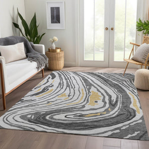 HomeRoots 8' X 10' Abstract Gray Gold Ivory Area Rug - Washable, Stain-Resistant, UV Protected for Modern Homes 682419