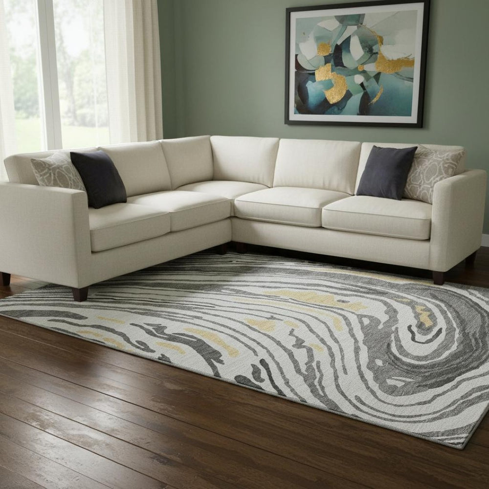 HomeRoots 10' X 14' Abstract Area Rug in Gray, Gold & Ivory - Washable, UV-Protected, and Durable Design for Homes 682421