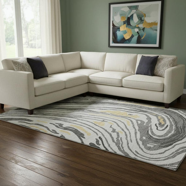 HomeRoots 10' X 14' Abstract Area Rug in Gray, Gold & Ivory - Washable, UV-Protected, and Durable Design for Homes 682421