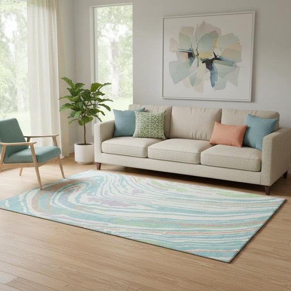 HomeRoots 5' X 8' Washable Area Rug in Linen Green & Teal – Durable, UV-Protected, Modern Abstract Design 682423