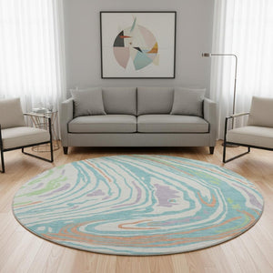 HomeRoots 8' Round Washable Rug in Linen Green & Teal - Modern Abstract Design with UV Protection & Comfort 682424