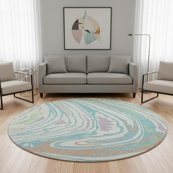 HomeRoots 8' Round Washable Rug in Linen Green & Teal - Modern Abstract Design with UV Protection & Comfort 682424