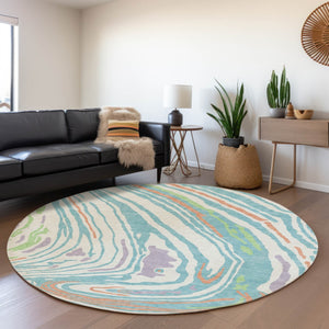 HomeRoots 8' Round Washable Rug in Linen Green & Teal - Modern Abstract Design with UV Protection & Comfort 682424