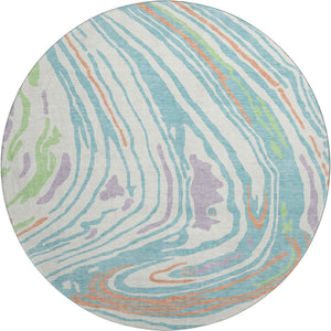 HomeRoots 8' Round Washable Rug in Linen Green & Teal - Modern Abstract Design with UV Protection & Comfort 682424