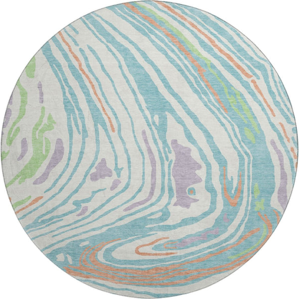 HomeRoots 8' Round Washable Rug in Linen Green & Teal - Modern Abstract Design with UV Protection & Comfort 682424