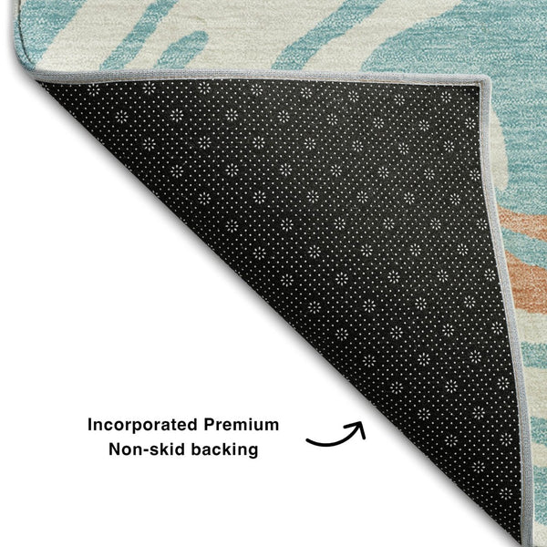 HomeRoots 8' Round Washable Rug in Linen Green & Teal - Modern Abstract Design with UV Protection & Comfort 682424