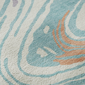 HomeRoots 8' Round Washable Rug in Linen Green & Teal - Modern Abstract Design with UV Protection & Comfort 682424