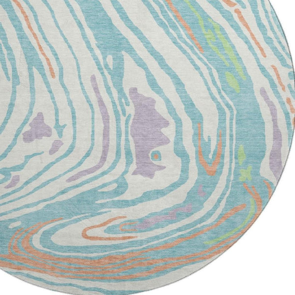 HomeRoots 8' Round Washable Rug in Linen Green & Teal - Modern Abstract Design with UV Protection & Comfort 682424
