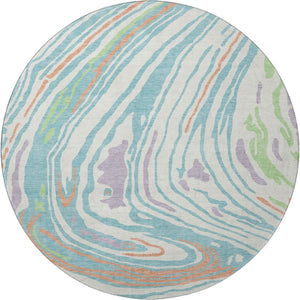 HomeRoots 8' Round Washable Rug in Linen Green & Teal - Modern Abstract Design with UV Protection & Comfort 682424