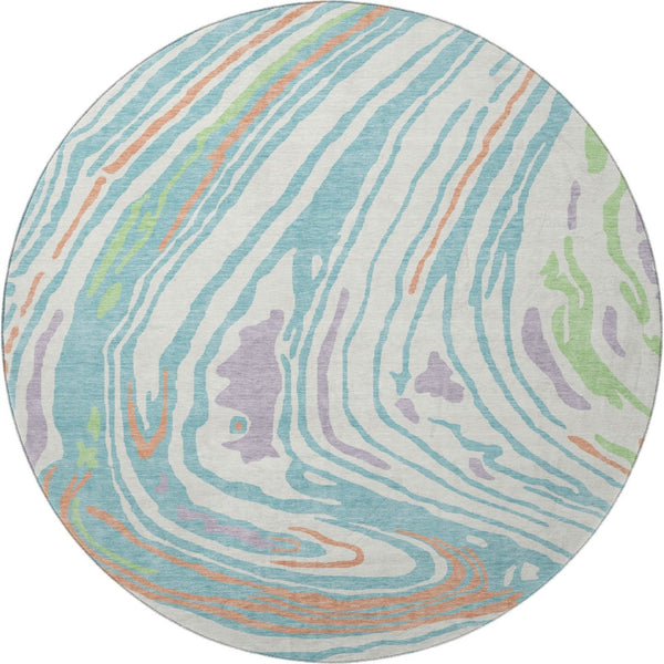 HomeRoots 8' Round Washable Rug in Linen Green & Teal - Modern Abstract Design with UV Protection & Comfort 682424