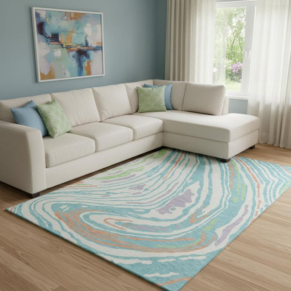 HomeRoots 8' X 10' Washable Abstract Area Rug in Linen Green & Teal - UV Protected, Family-Friendly Design 682425