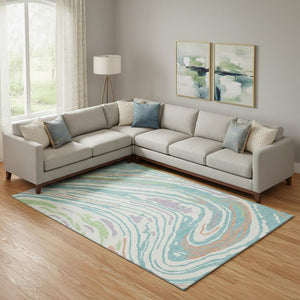 HomeRoots 9' X 12' Linen Green and Teal Abstract Area Rug – Washable, UV-Protected, Stain-Resistant Design! 682426