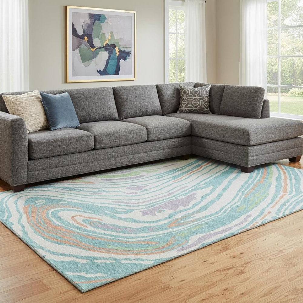 HomeRoots 10' Abstract Washable Area Rug in Linen Green & Teal - UV Protection, Durable & Stylish for Any Room 682427