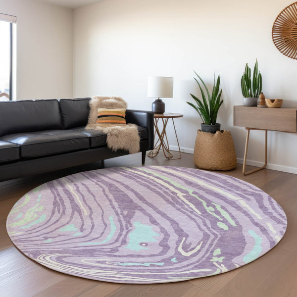 HomeRoots 8' Abstract Round Area Rug in Lavender, Mint Green & Sky Blue - Washable, UV-Protected & Stain-Resistant 682430