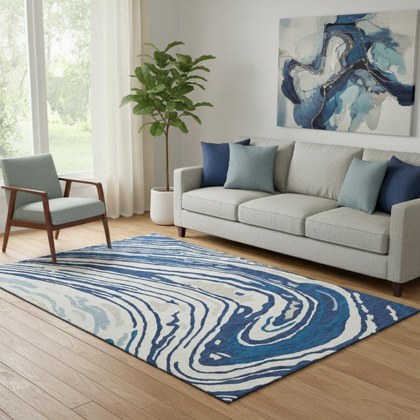 HomeRoots 5' X 8' Stylish Navy Blue Ivory Beige Abstract Washable Rug with UV Protection for Busy Homes 682435