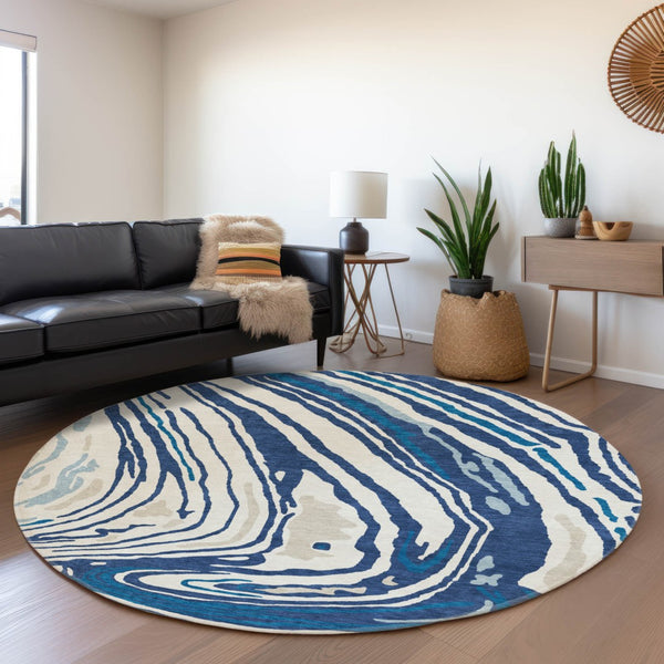 HomeRoots 8' Stylish Navy Blue, Ivory & Beige Abstract Round Rug - Washable, UV-Protected & Durable Design 682436