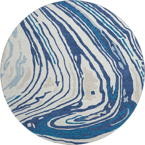 HomeRoots 8' Stylish Navy Blue, Ivory & Beige Abstract Round Rug - Washable, UV-Protected & Durable Design 682436