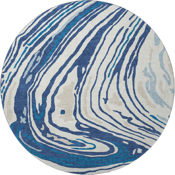 HomeRoots 8' Stylish Navy Blue, Ivory & Beige Abstract Round Rug - Washable, UV-Protected & Durable Design 682436