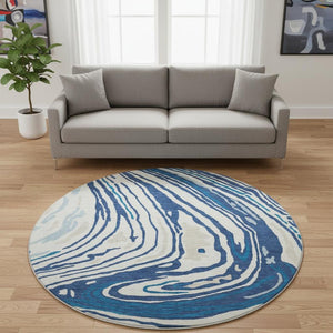 HomeRoots 8' Stylish Navy Blue, Ivory & Beige Abstract Round Rug - Washable, UV-Protected & Durable Design 682436