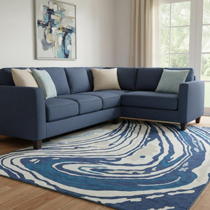 HomeRoots 8' X 10' Navy Blue, Ivory & Beige Abstract Washable Area Rug - Durable, UV Protected, Modern Design 682437