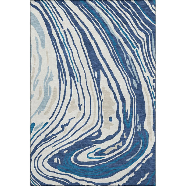 HomeRoots 8' X 10' Navy Blue, Ivory & Beige Abstract Washable Area Rug - Durable, UV Protected, Modern Design 682437