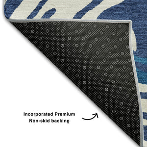 HomeRoots 8' X 10' Navy Blue, Ivory & Beige Abstract Washable Area Rug - Durable, UV Protected, Modern Design 682437