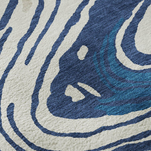 HomeRoots 8' X 10' Navy Blue, Ivory & Beige Abstract Washable Area Rug - Durable, UV Protected, Modern Design 682437