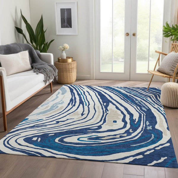 HomeRoots 8' X 10' Navy Blue, Ivory & Beige Abstract Washable Area Rug - Durable, UV Protected, Modern Design 682437