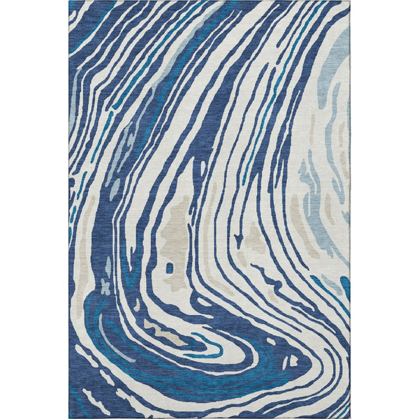 HomeRoots 8' X 10' Navy Blue, Ivory & Beige Abstract Washable Area Rug - Durable, UV Protected, Modern Design 682437