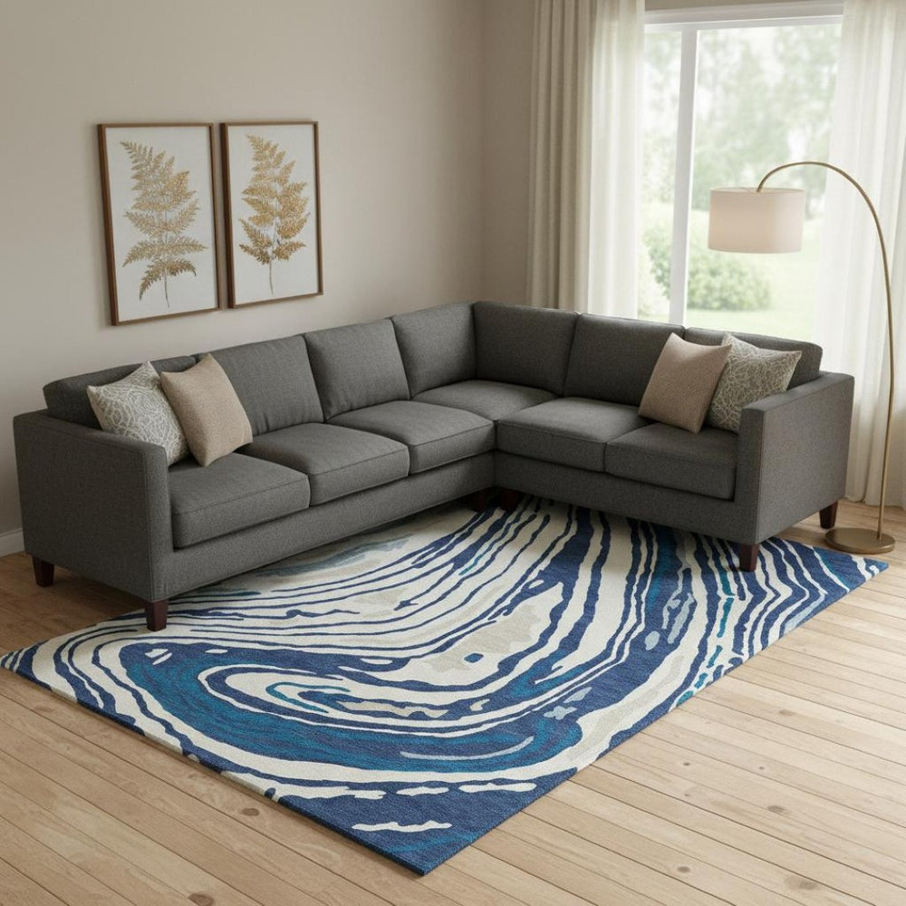 HomeRoots 9' X 12' Modern Abstract Washable Area Rug in Navy Blue, Ivory & Beige with UV Protection & Durability 682438