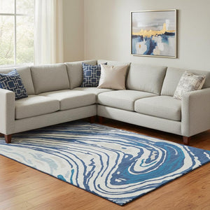 HomeRoots 10' X 14' Navy Blue Abstract Area Rug - Washable, UV Protected, Stain-Resistant for Modern Spaces 682439