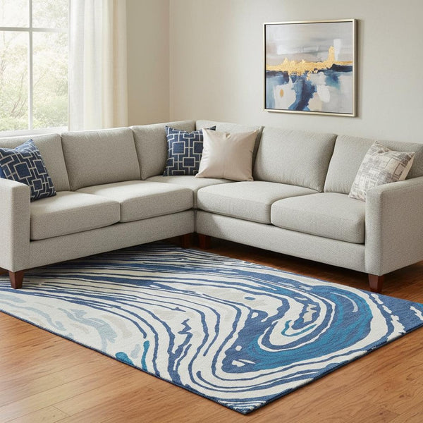 HomeRoots 10' X 14' Navy Blue Abstract Area Rug - Washable, UV Protected, Stain-Resistant for Modern Spaces 682439