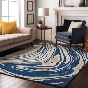 HomeRoots 10' X 14' Navy Blue Abstract Area Rug - Washable, UV Protected, Stain-Resistant for Modern Spaces 682439