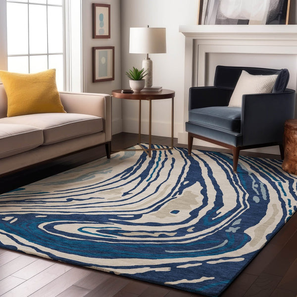 HomeRoots 10' X 14' Navy Blue Abstract Area Rug - Washable, UV Protected, Stain-Resistant for Modern Spaces 682439