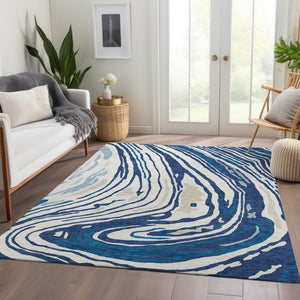 HomeRoots 10' X 14' Navy Blue Abstract Area Rug - Washable, UV Protected, Stain-Resistant for Modern Spaces 682439