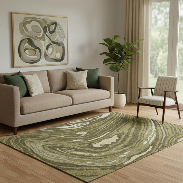 HomeRoots 5' X 8' Olive Green Abstract Washable Area Rug with Stain Resistance & UV Protection for Busy Homes 682441