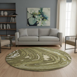 HomeRoots 8' Olive Green Abstract Washable Round Rug with UV Protection, Modern Style, and Stain Resistance 682442