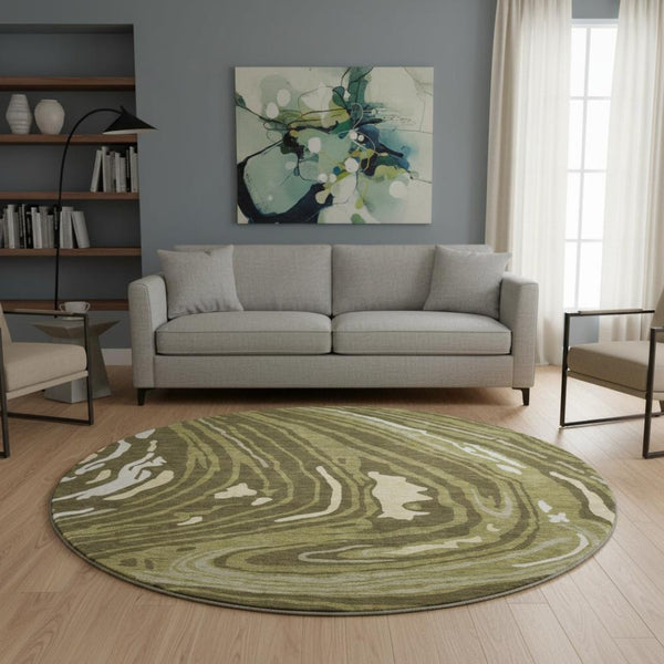 HomeRoots 8' Olive Green Abstract Washable Round Rug with UV Protection, Modern Style, and Stain Resistance 682442