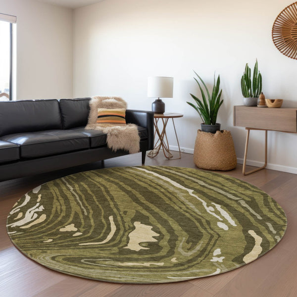HomeRoots 8' Olive Green Abstract Washable Round Rug with UV Protection, Modern Style, and Stain Resistance 682442