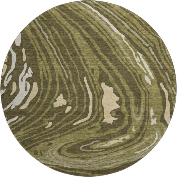 HomeRoots 8' Olive Green Abstract Washable Round Rug with UV Protection, Modern Style, and Stain Resistance 682442